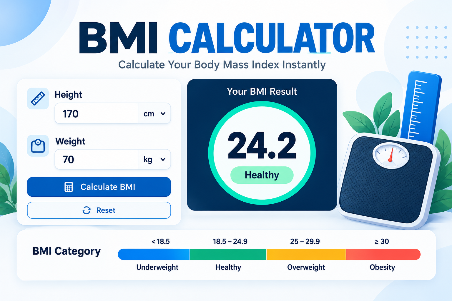 BMI calculator interface showing height, weight, BMI result and adult category ranges