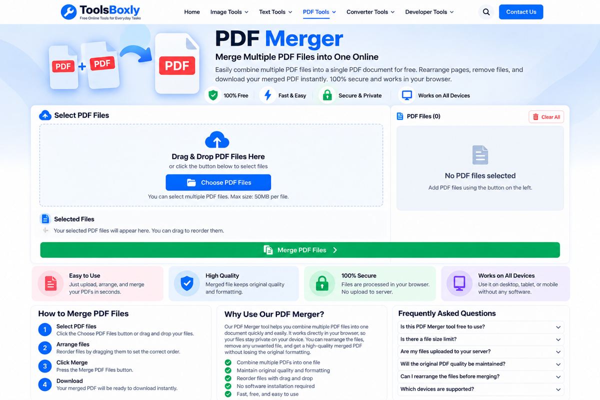 ToolsBoxly PDF merger tool for combining multiple PDF files online